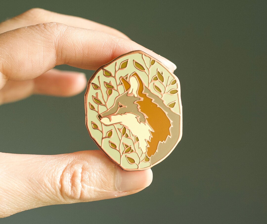 Grey Fox Enamel Pin, Hard Enamel, Rose Gold, Botanical, Brooch, Lapel ...
