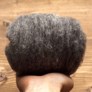 May include: A close-up of a hand holding a ball of dark gray wool yarn.