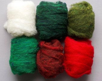 Christmas Needle Felting Wool Batting Assortment, Reds, Greens, White, Holiday, DIY, Crafting, Batts, Fiber Sampler, Wet Felting, Spinning