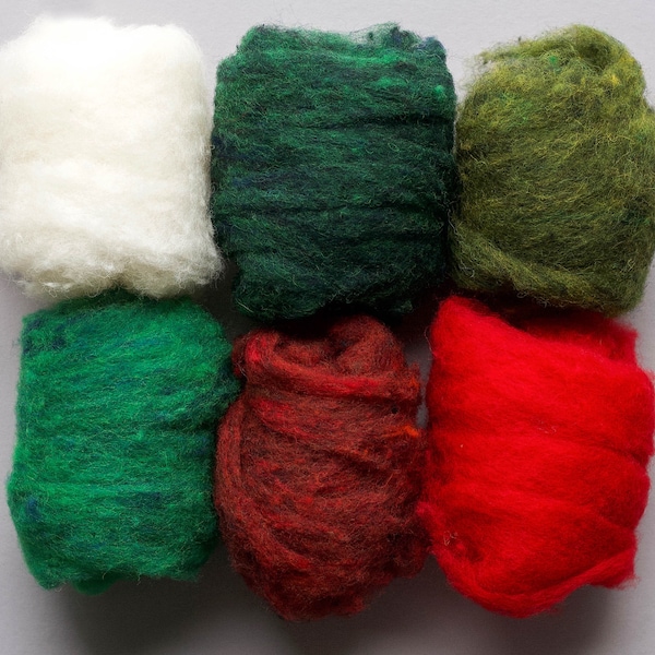 Christmas Needle Felting Wool Batting Assortment, Reds, Greens, White, Holiday, DIY, Crafting, Batts, Fiber Sampler, Wet Felting, Spinning