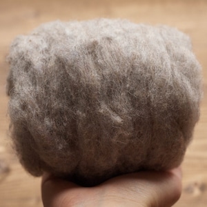 May include: A close-up of a clump of light brown wool fibers.