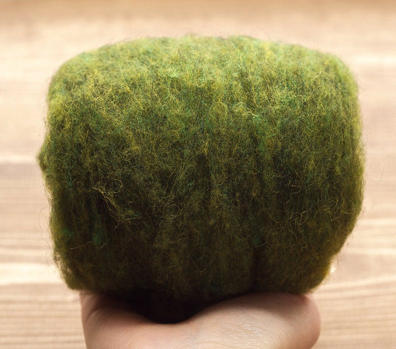 Needle Felting Wool Batting, Moss Green, Wet Felting, Wool Batts, Fleece, Weaving, Spinning, Dyed Wool, Fairy Garden, Fiber Art Supplies image 1