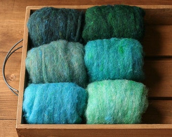 Needle Felting Wool Batting Assortment, Batts, Fiber Sampler, Samples, Shades of the Sea, Blue Green, Teal, Sea Green, Wet Felting, Spinning