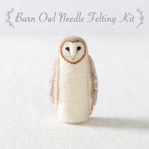 May include: A needle felting kit to make a barn owl. The owl is white with brown and gray markings. The kit includes all the materials needed to create the owl.
