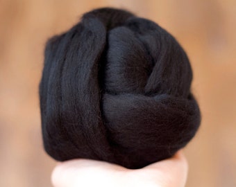 Merino Wool Roving in Black, Combed Tops, Needle Felting, Wet Felting, Nuno Felting, Weaving, Arm Knitting, Chunky Yarn