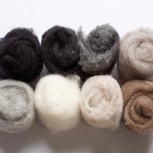 Needle Felting Wool Assortment, Fiber Sampler, Batting, Neutrals, Black, White, Gray, Brown, Beige, Wet Felting, Spinning, Supplies