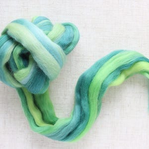 May include: A bundle of colorful fiber in shades of green and blue. The fiber is arranged in a knot with a flowing tail. The colors blend together, creating a soft, textured appearance. Ideal for crafting projects like spinning or felting.