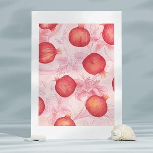 Pomegranate Art Print, Watercolor Pomegranate Art,  Floral and Fruit Art, Pomegranate and Flowers Painting,  Art, 8&quot;x10&quot; Giclée Print