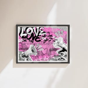 Pink Love Graffiti Poster Print, Retro Pop Art Newspaper Design, Modern Wall Art Home Decor 12x16 Inch.