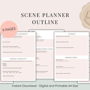 Peut inclure: Un planificateur de scènes numérique avec des sections pour les points de l'intrigue, les conflits croissants et le point culminant. Le texte "Scene Planner Outline" et "9 Pages" sont visibles. Le planificateur est au format A4 et imprimable.