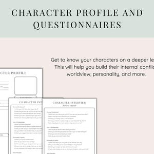 May include: Character profile and questionnaire templates. The image shows several character profile sheets with prompts for character information, physical descriptions, and goals. The text reads: "Get to know your characters on a deeper level!"