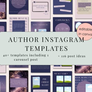 Puede incluir: Un conjunto de plantillas de Instagram para autores, con diseños en tonos morados y azules. Las plantillas incluyen tarjetas de citas, cuentas regresivas y revelaciones de portadas de libros, con el texto "AUTHOR INSTAGRAM TEMPLATES" y "editable in canva".