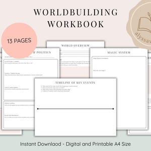May include: A digital worldbuilding workbook with 13 pages, featuring sections on conflict, politics, magic systems, and societies. The workbook includes a timeline of key events and a world overview. The design is minimalist with a soft color palette.