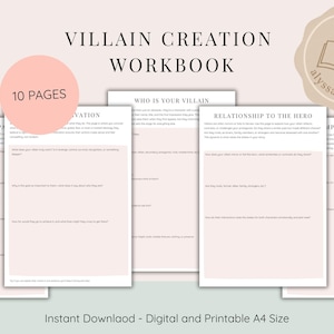 May include: A digital workbook titled "Villain Creation Workbook" with 10 pages. The cover features the title in a bold font, with a pink circle and the text "10 PAGES". The workbook is designed for digital download and printable in A4 size.