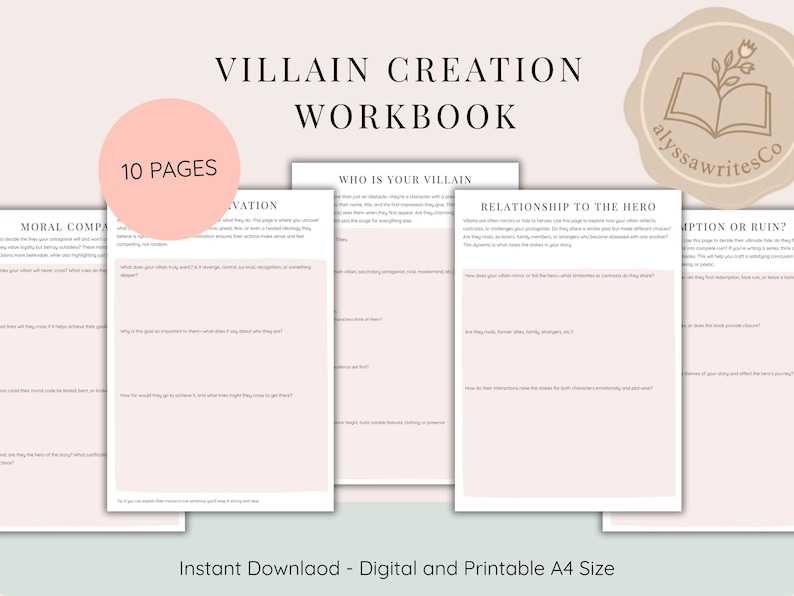 May include: A digital workbook titled "Villain Creation Workbook" with 10 pages. The cover features the title in a bold font, with a pink circle and the text "10 PAGES". The workbook is designed for digital download and printable in A4 size.