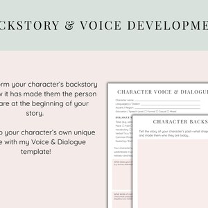 May include: A digital template titled "BACKSTORY & VOICE DEVELOPMENT" with text that reads "Brainstorm your character's backstory." Two worksheets are visible: "CHARACTER VOICE & DIALOGUE" and "CHARACTER BACKSTORY."