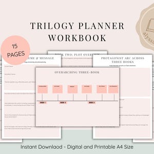 Op de afbeelding: Een 15-pagina tellend trilogie-plannerwerkboek in digitaal en printbaar A4-formaat. De pagina's bevatten secties voor thema's, boodschappen, plotoverzichten, protagonist-bogen en een overkoepelende tijdlijn met roze rechthoekige vakken.