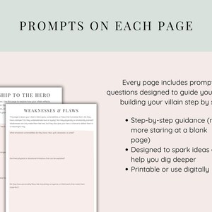 May include: A digital product with prompts on each page to guide the user through building a villain step by step. The text includes "Relationship to the Hero" and "Weaknesses & Flaws". The product is designed to spark ideas and help the user dig deeper.