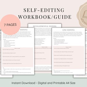 May include: A self-editing workbook and guide with seven pages, covering proofreading, editing, developmental editing, line editing, and copyediting. The text is in black on a white background with pink accents. Available for instant download in A4 size.