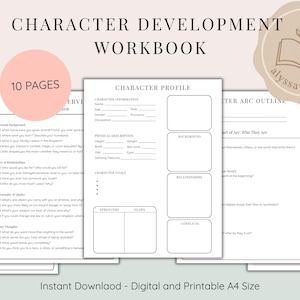 Puede incluir: Un cuaderno de trabajo de desarrollo de personajes con 10 páginas, con hojas de perfil de personajes y esquemas de arcos. Las páginas son blancas con texto negro, diseñadas para descarga digital e impresión. El título es "Character Development Workbook".