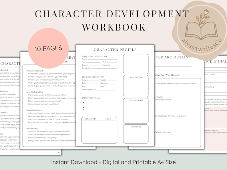 May include: A character development workbook with 10 pages, featuring character profile sheets and arc outlines. The pages are white with black text, designed for digital download and printing. The cover includes the text "Character Development Workbook".