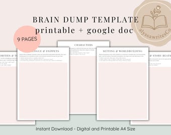 May include: A digital download template for writers, featuring a soft pink and white design. The template includes sections for brainstorming, character development, and world-building. The text reads "BRAIN DUMP TEMPLATE printable + google doc" and "9 PAGES".