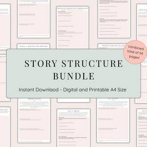 Puede incluir: Un paquete de hojas de trabajo de estructura de historias imprimibles en tamaño A4. El gráfico central dice "STORY STRUCTURE BUNDLE" con "Instant Download - Digital and Printable A4 Size" debajo. El total combinado es de 54 páginas. Las hojas de trabajo son de color rosa claro.