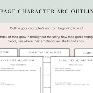 May include: A 5-page character arc outline, with text that reads "Outline your character's arc from beginning to end!" and "Keep track of their growth throughout the story." The outline includes sections for Catalyst/Inciting Event and Climax: The Choice.