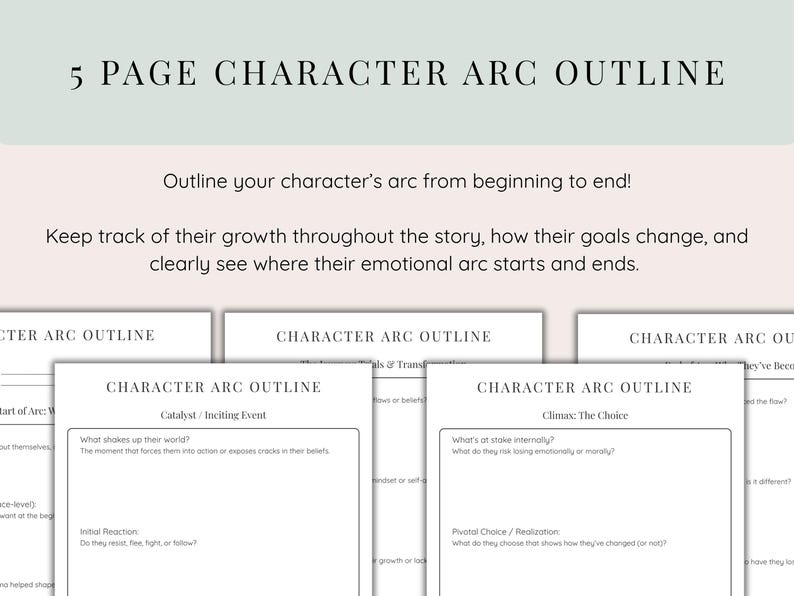 May include: A 5-page character arc outline, with text that reads "Outline your character's arc from beginning to end!" and "Keep track of their growth throughout the story." The outline includes sections for Catalyst/Inciting Event and Climax: The Choice.