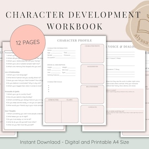 May include: A 12-page character development workbook featuring printed character profile sheets with sections for personal background, physical description, goals, voice, and dialogue. The pages include text fields for character information and are designed for A4 size paper.