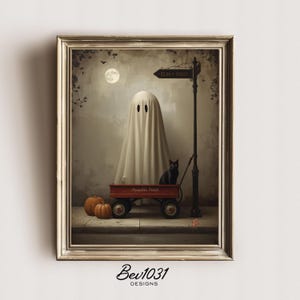 Lámina artística gótica de fantasmas de Halloween: Carro de calabazas, gato negro (descarga digital)