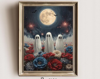 Impresión de fantasmas del 4 de julio / Campo de flores patriótico y fuegos artificiales / Descarga digital