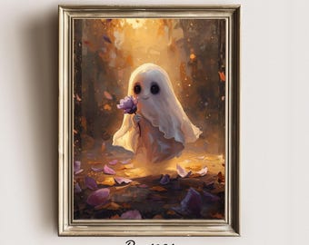 Ghost with a Purple Flower | Whimsical Halloween Wall Art Print | Digital Download