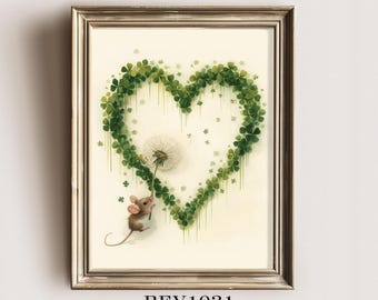 St. Patrick’s Day Decor | Mouse and Clover Heart Printable Wall Art | Digital Download