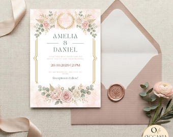 Rosa Aquarell Blumenhochzeitseinladungspaket, bearbeitbare Canva-Vorlage (Sofortdownload)