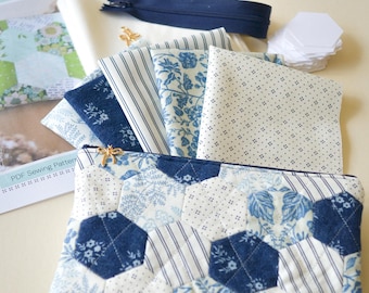 Quilted Hexagon Zipper Pouch Project Kit English Paper Piecing Sewing Kit Blue and White Beginner-Friendly EPP Makeup Pouch DIY Bag Gift
