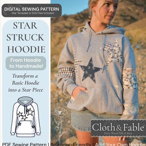 Omgjord 90-talsstjärnig lapptäcke med spetshuvtröja, sömnad, nybörjarmönster, Y2K-tröja, handledning, applikationsstjärnmall, återvunnen topp, handgjord