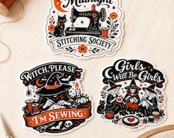 Halloween Sewing Stickers, Witchy Vinyl Sticker Set, Laptop & Water Bottle Decal, Spooky Quilter Gift, Sewing Machine Sticker