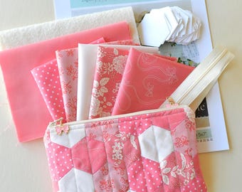 Quilted Hexagon EPP Zipper Pouch Project Kit: Coral Pink English Paper Piecing Beginner-Friendly Sewing