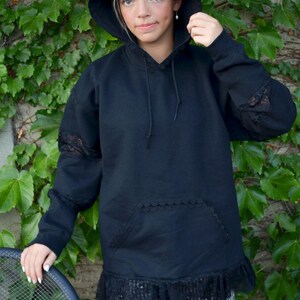 Black or White Lace Trim Hoodie Cottagecore Hoodie Oversized Sweatshirt Feminine Lace Pullover Cozy Boho Clothing image 14