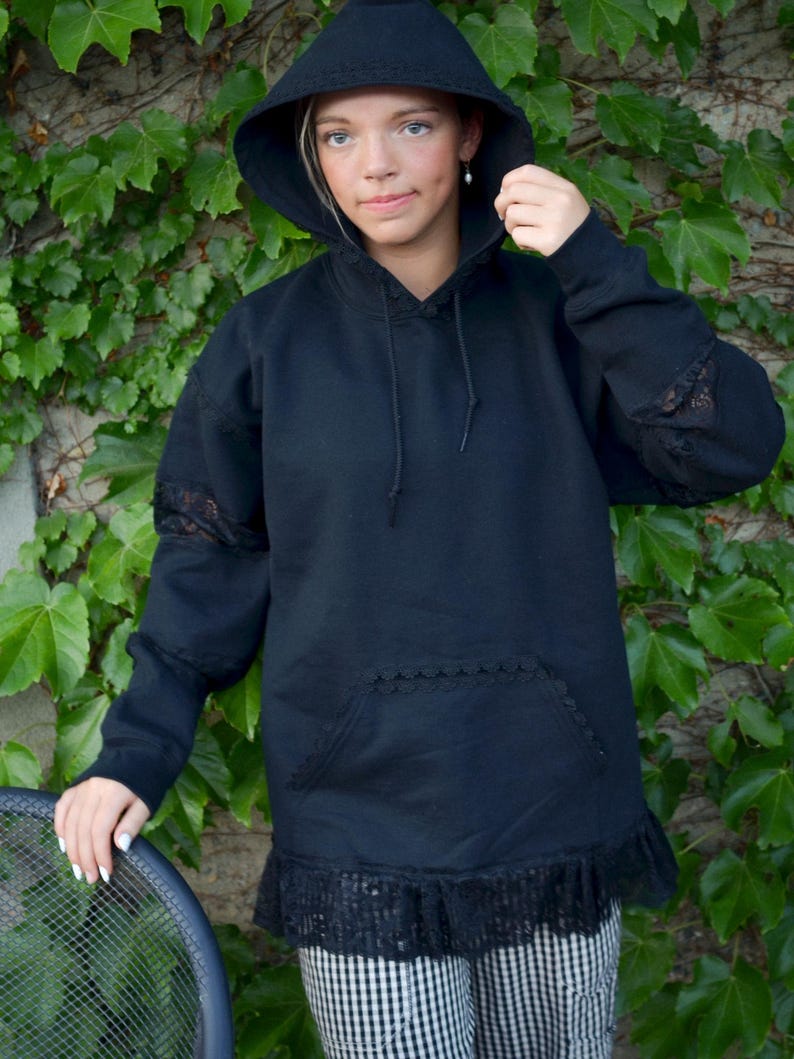 Black or White Lace Trim Hoodie Cottagecore Hoodie Oversized Sweatshirt Feminine Lace Pullover Cozy Boho Clothing image 14