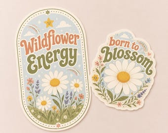 Wildflower Energy Sticker Set | Retro Daisy Vinyl Decals | Born to Blossom | Cute Floral Laptop Water Bottle Planner Stickers