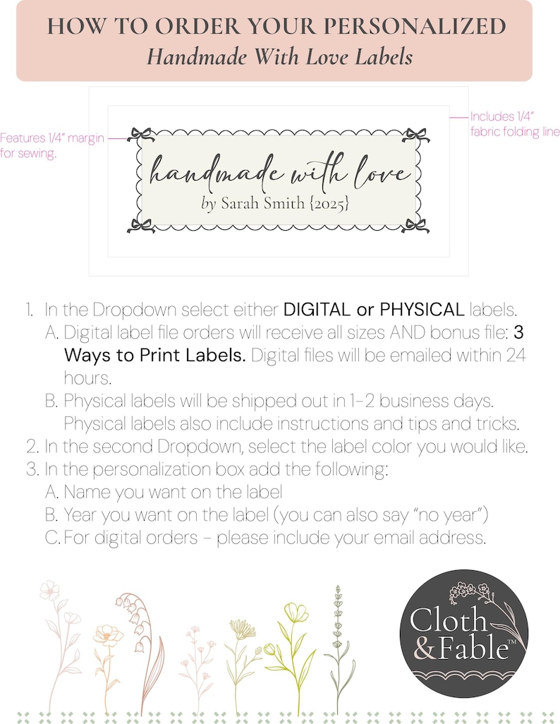 Op de afbeelding: Cr&egrave;mekleurig label met de tekst "handmade with love" en "by Sarah Smith {2025}". Het label heeft een geschulpte rand en decoratieve elementen. Instructies voor het bestellen van gepersonaliseerde labels zijn ook inbegrepen.