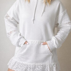 Black or White Lace Trim Hoodie Cottagecore Hoodie Oversized Sweatshirt Feminine Lace Pullover Cozy Boho Clothing image 8