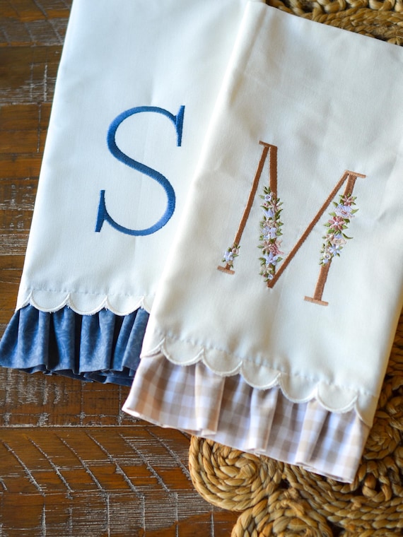Personalized Monogram Ruffled Tea Towel with Scalloped Edge | Custom Floral Embroidered Initial Kitchen Towel | Hostess Gift | Bridal Gift