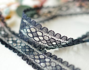 Vintage Black Lace Trim by the Yard, Scalloped  Lace for Sewing, Bridal, Gothic & Heirloom Halloween Decor Projects