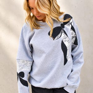 Custom Bow Patchwork Hoodie Lace Sweatshirt Coquette Clothing Cottagecore Pullover Romantic Applique Quilted Cozy Clothing Gift