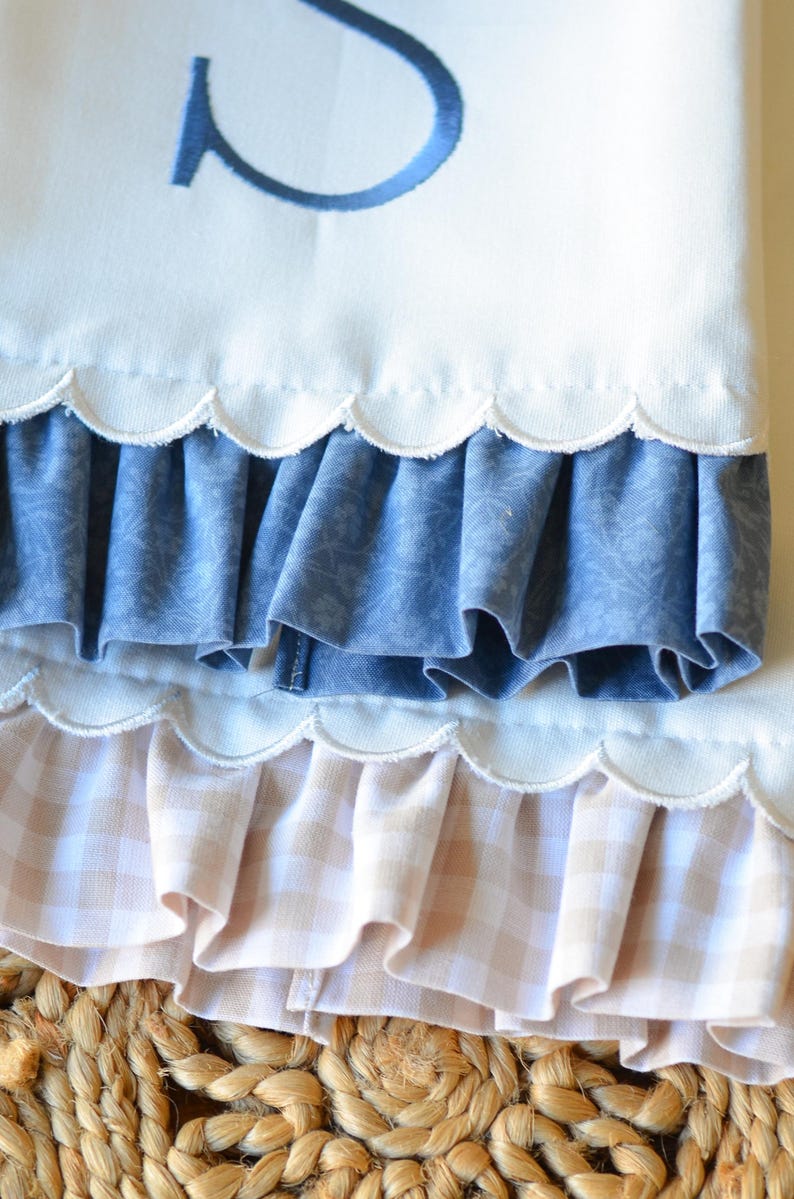 May include: A white fabric item featuring a blue embroidered letter S, finished with two scalloped edges. The top layer has a blue floral patterned ruffle, while the bottom layer features a light beige and white gingham checkered ruffle trim.