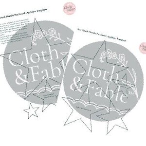 May include: Two white paper templates with star designs and the text "Cloth & Fable". Each template has a gray circular background with floral accents. The text "Star Stitch Hoodie Patchwork Applique Template" is printed at the top.