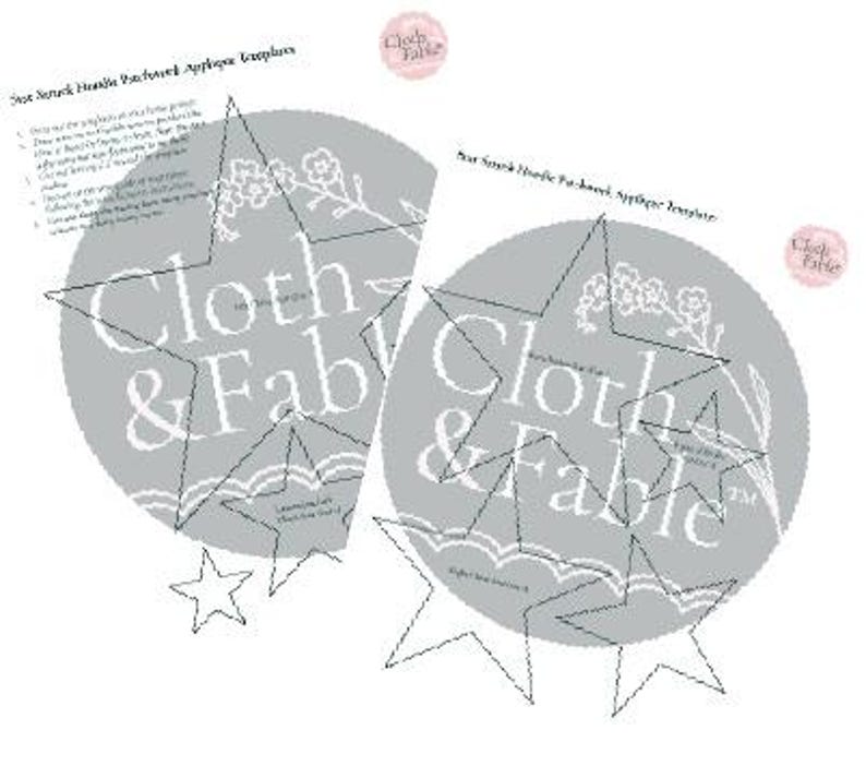 May include: Two white paper templates with star designs and the text "Cloth & Fable". Each template has a gray circular background with floral accents. The text "Star Stitch Hoodie Patchwork Applique Template" is printed at the top.